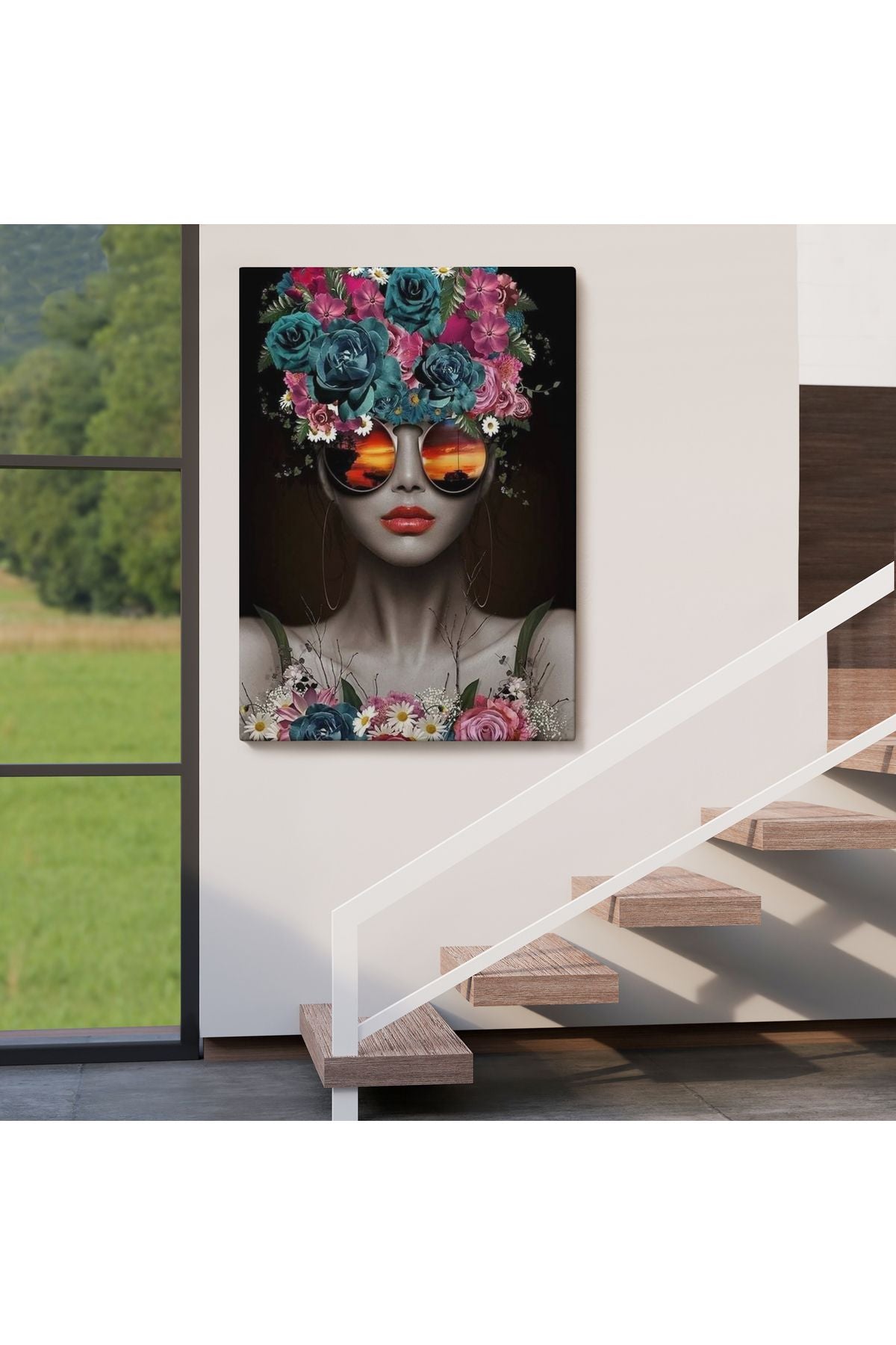 Renkli Çiçekler İle Güzel Kadın Dekoratif Duvar Tablosu -6188