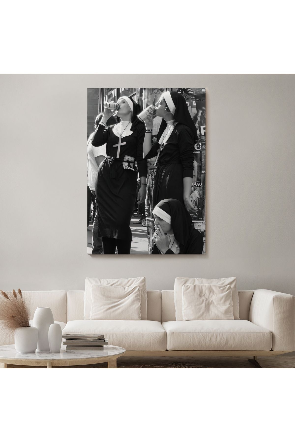 Asi Rahibeler Kanvas Tablo, İçme ve Sigara Parodisi, Siyah Beyaz Sokak Sanatı-5215