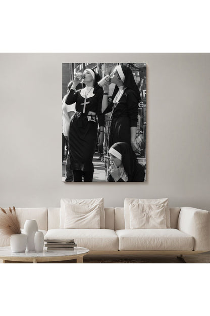 Asi Rahibeler Kanvas Tablo, İçme ve Sigara Parodisi, Siyah Beyaz Sokak Sanatı-5215