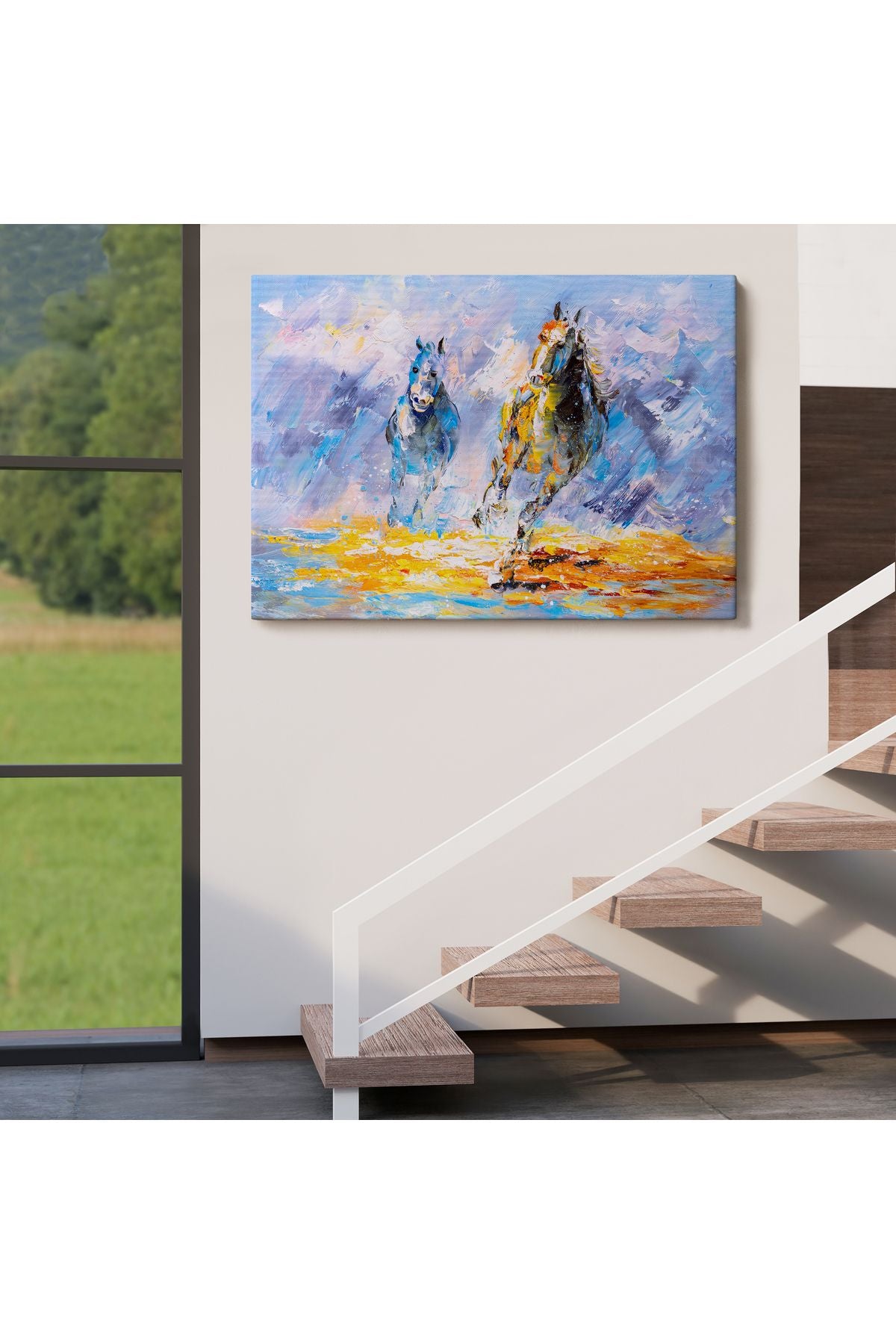 Koşan Atlar Yağlıboya Görünüm Dekoratif Kanvas Duvar Tablosu-3490