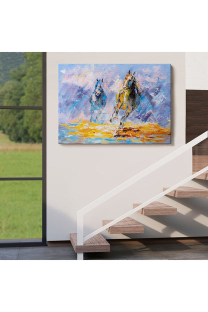 Koşan Atlar Yağlıboya Görünüm Dekoratif Kanvas Duvar Tablosu-3490