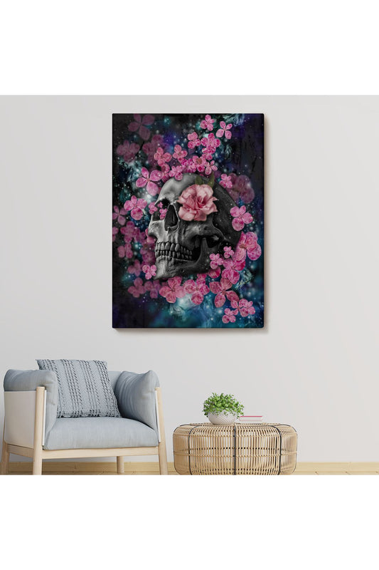 İskelet Kafa ve Pembe Çiçekler Kanvas Tablo Duvar Sanatı-5234