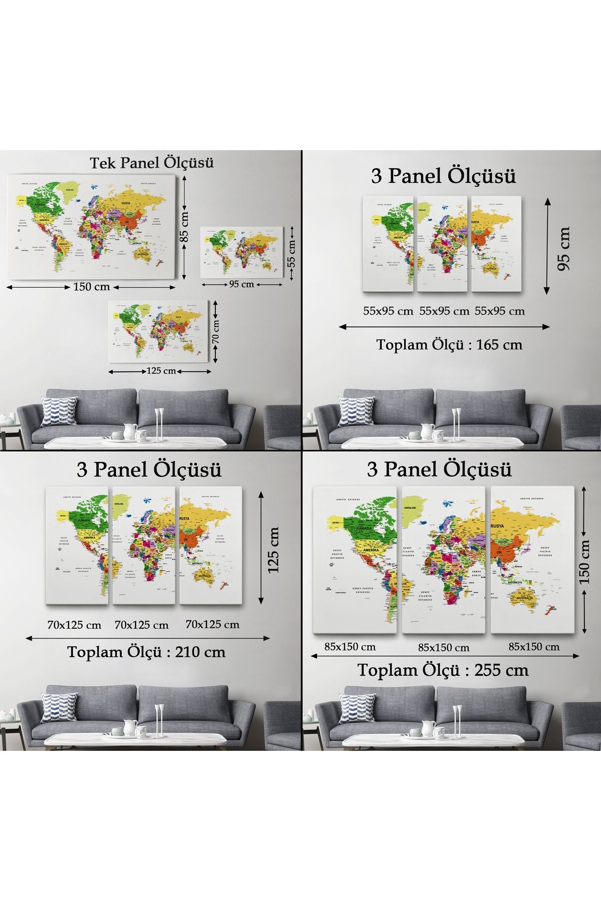 Türkçe Dünya Haritası Dekoratif Kanvas Tablo Son Derece Detaylı 1614