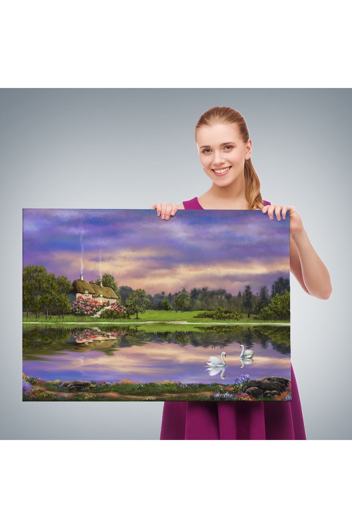 Göl Kıyısındaki Orman Evi Manzarası Yağlıboya Görünüm Dekoratif Kanvas Duvar Tablosu-3678