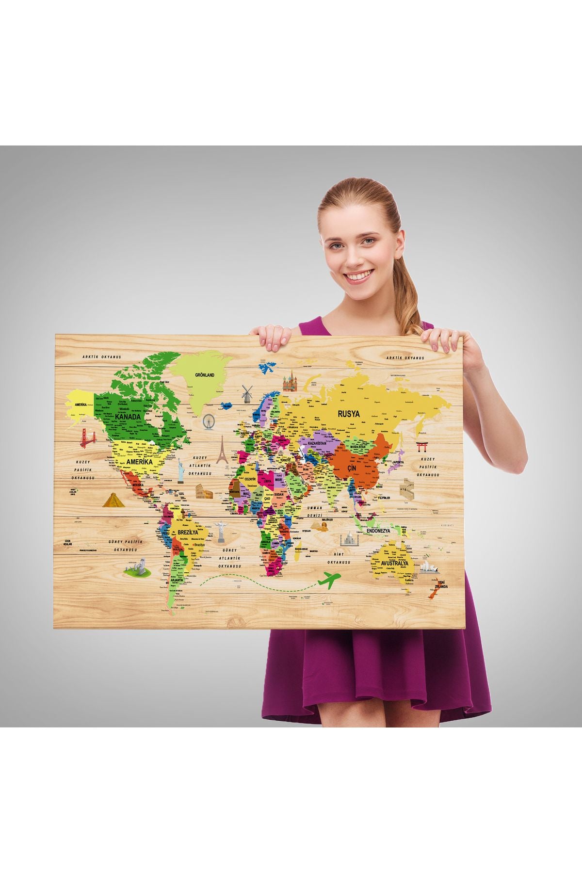 DB  Ahşap Görünümlü Türkçe Dünya Haritası Sembollü Eğitici Dekoratif Kanvas Tablo 2911