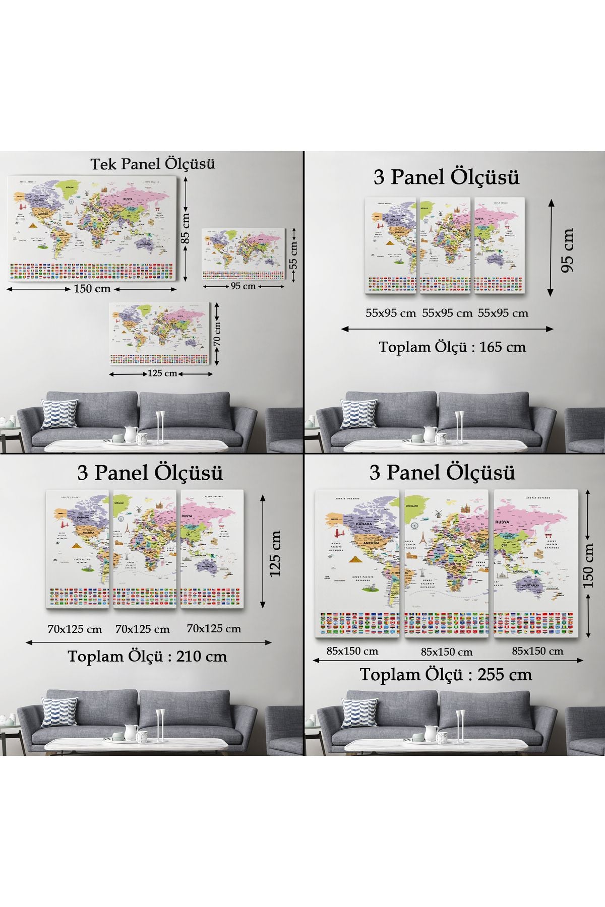 Türkçe Dünya Haritası Ayrıntılı Eğitici Sembollü Bayraklı Dekoratif Kanvas Tablo 2846