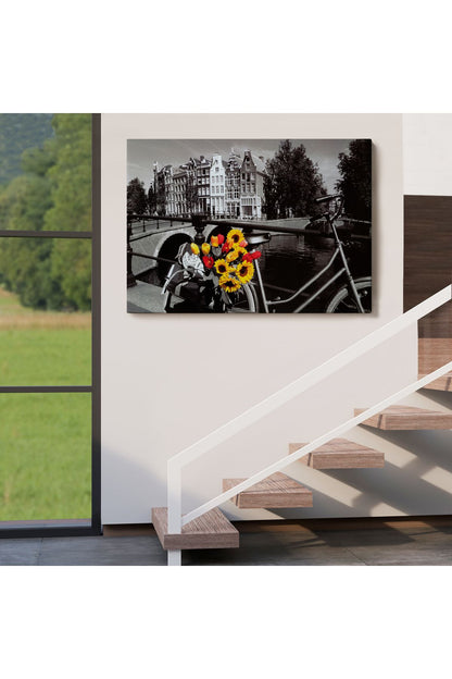 Kanvas Tablo, Duvar Dekoru, Amsterdam Kanalları Bisiklet ve Laleler 6594 BUNGKNV