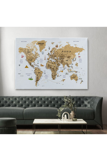 Dünya Haritası Son Derece Ayrıntılı Eğitici ve Sembollü Dekoratif Kanvas Tablo 3219