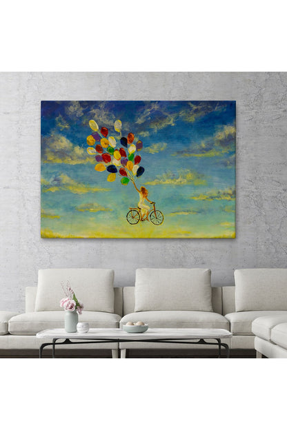 Renkli Balonlar İle Uçan Bisikletli Kız Kanvas Tablo-5036