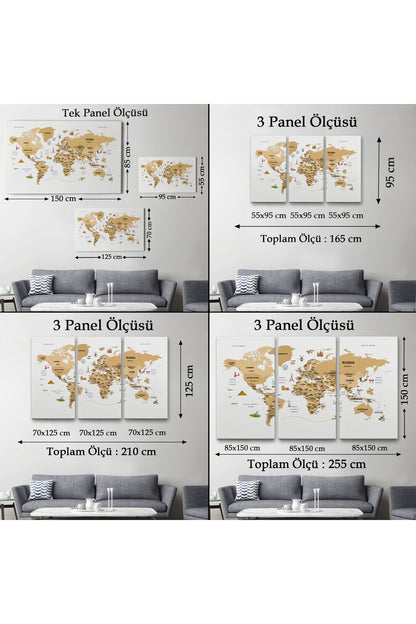 Dünya Haritası Dekoratif Kanvas Tablo Ülke ve Başkentli Öğretici ve Sembollü 2323