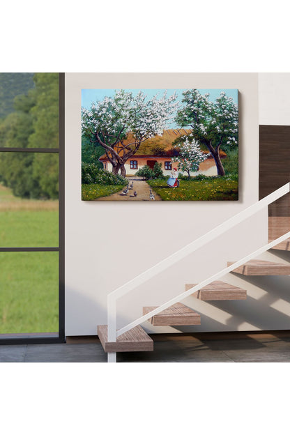İlkbahar Köy Evi Yağlıboya Görünüm Dekoratif Kanvas Duvar Tablosu-3514