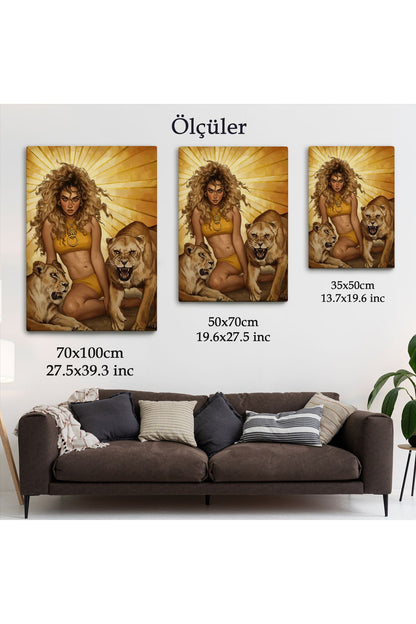 Aslanlarla Oturan Sarışın Vahşi Kadın Kanvas Tablo-5278