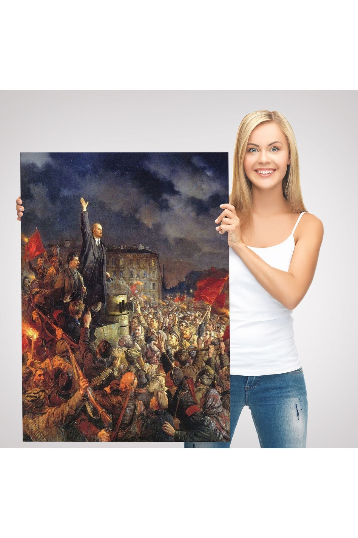 Vladimir Ilyic Lenin ve Josef Stalin Ekim Devrimi Sırasında Duvar Tablosu-6301