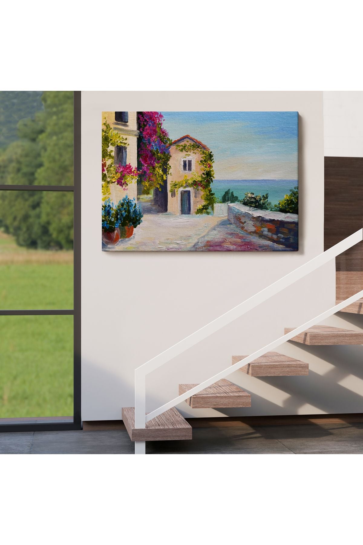 Santorinide Deniz Manzaralı Ev Kanvas Duvar Tablosu-1186