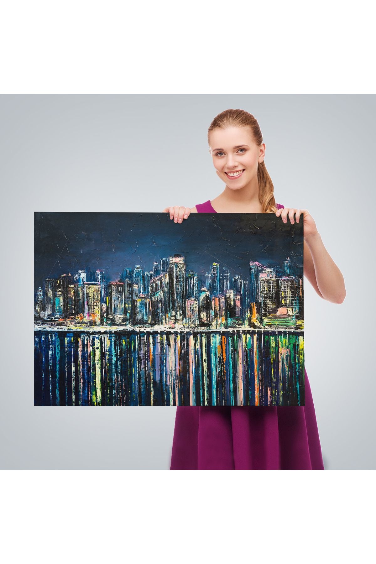 Kıyı Şehrin de Gece Yağlıboya Görünüm Dekoratif Kanvas Duvar Tablosu-3526