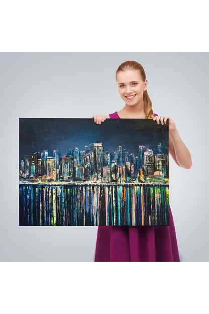Kıyı Şehrin de Gece Yağlıboya Görünüm Dekoratif Kanvas Duvar Tablosu-3526
