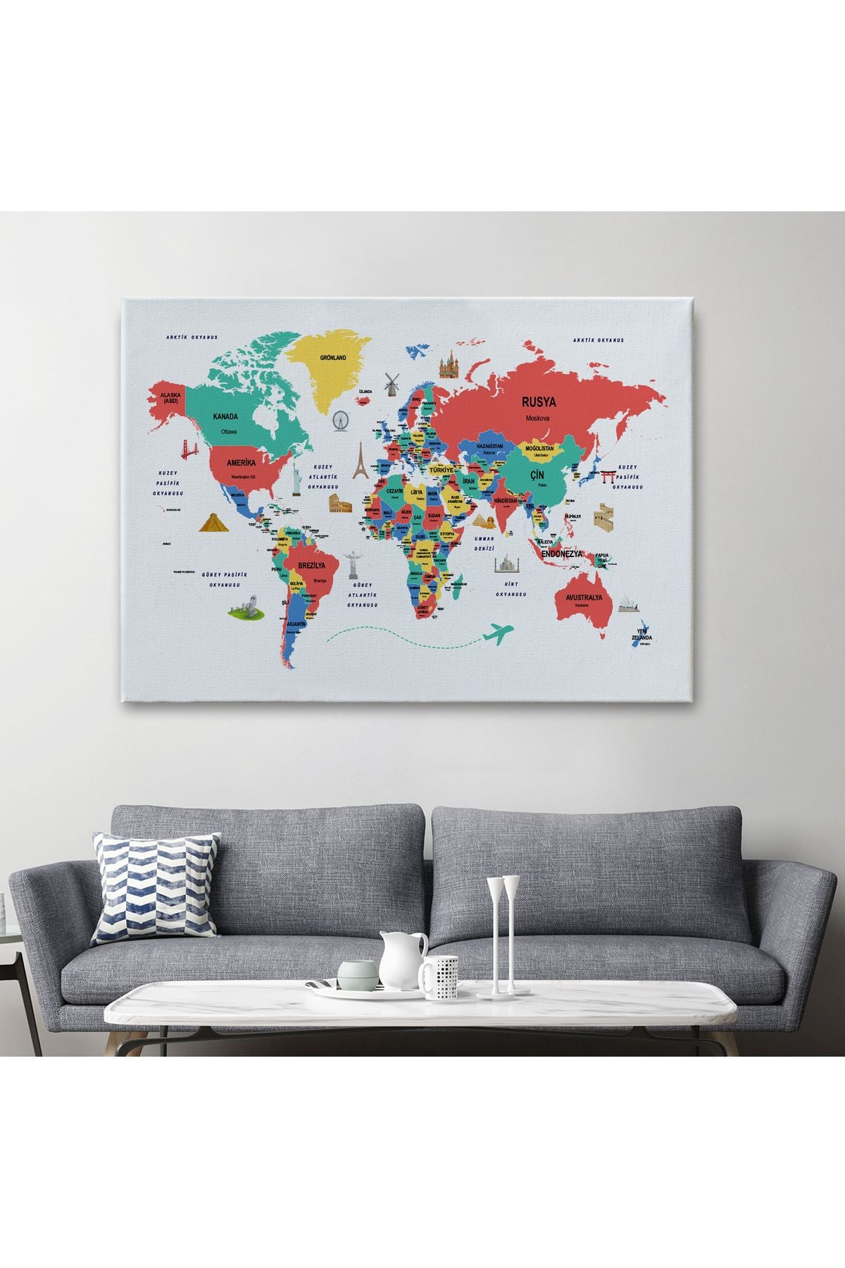 Türkçe Dünya Haritası Dekoratif Kanvas Tablo Ülke-Başkentli Öğretici ve Sembollü 2314