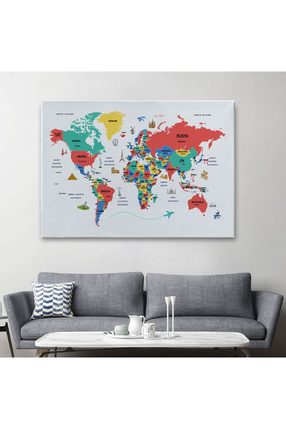 Türkçe Dünya Haritası Dekoratif Kanvas Tablo Ülke-Başkentli Öğretici ve Sembollü 2314