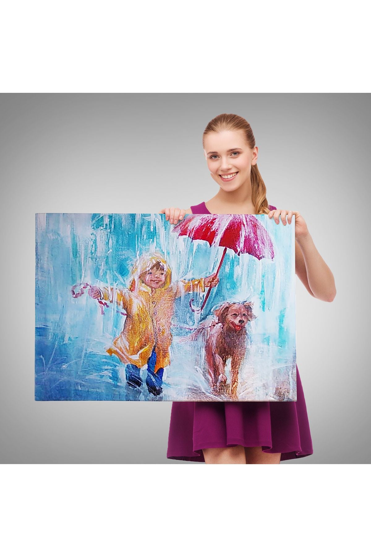 Yağmurda Köpeğini Gezdiren Cocuk Yağlıboya Görünümlü Kanvas Tablo-3454
