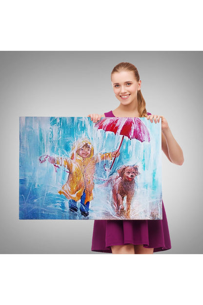 Yağmurda Köpeğini Gezdiren Cocuk Yağlıboya Görünümlü Kanvas Tablo-3454