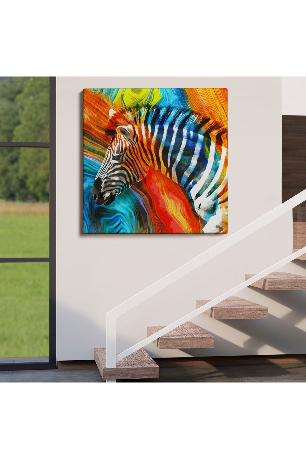 Renkli Zebra Yağlıboya Görünüm Dekoratif Kanvas Duvar Tablosu-5843