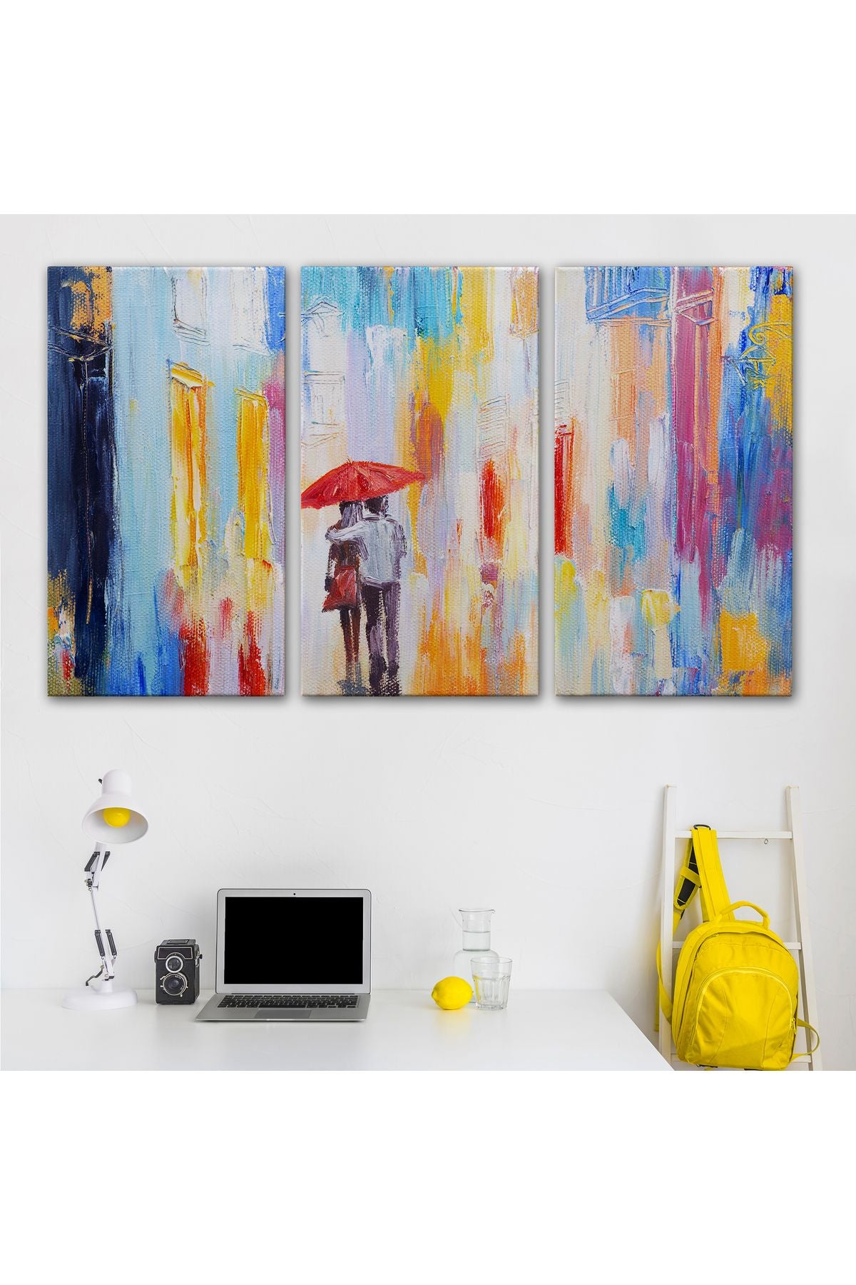 Kırmızı Şemsiyeli Sevgililer Yağlıboya Görünüm Kanvas Duvar Tablosu-3452