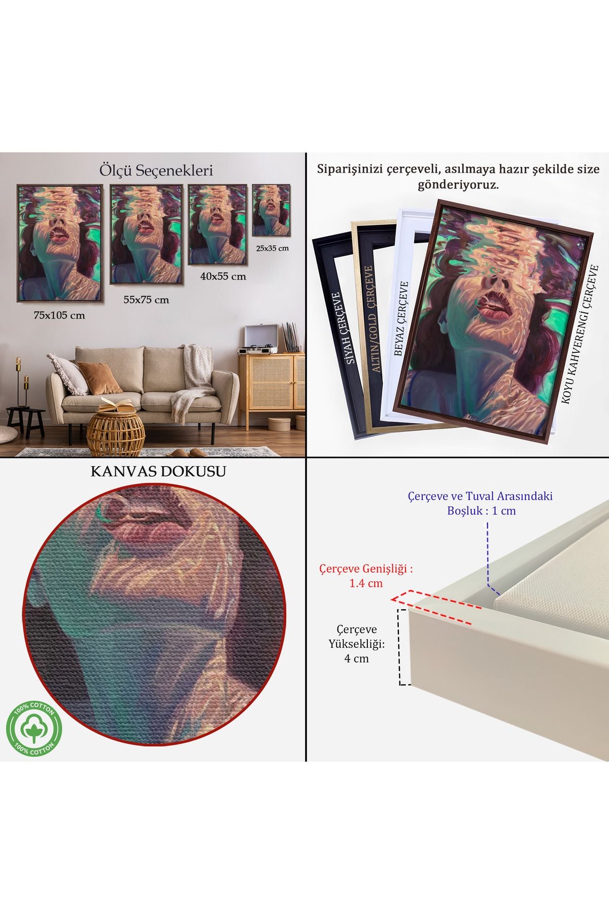 Çerçeveli Su Altında Kadın Kanvas Tablo, Sualtı Yağlıboya Tablo Efektli Tablo-5280