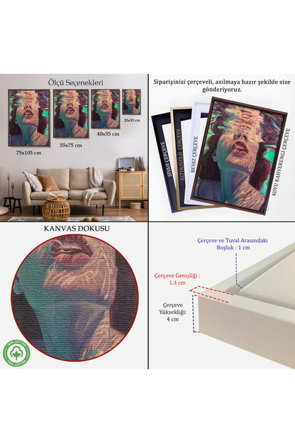 Çerçeveli Su Altında Kadın Kanvas Tablo, Sualtı Yağlıboya Tablo Efektli Tablo-5280