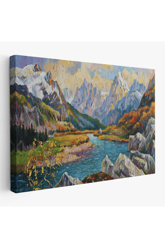 Kafkas Dağları Manzaralı, Doğa, Yağlıboya Görünüm, Dekoratif, Kanvas Tablo, Duvar Tablosu -3603