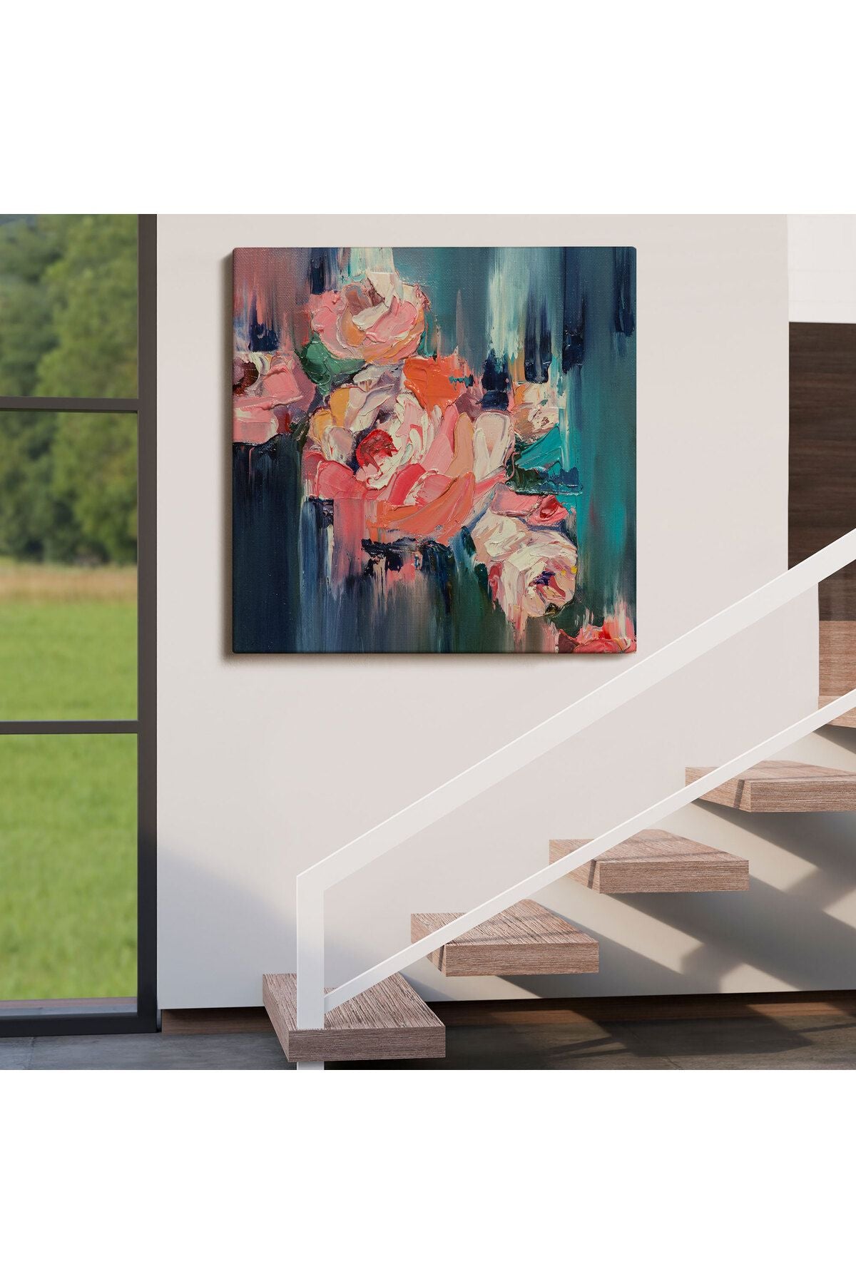 trndry seri001 Renkli Çiçekler Yağlıboya Görünüm Dekoratif Kanvas Duvar Tablosu-5833