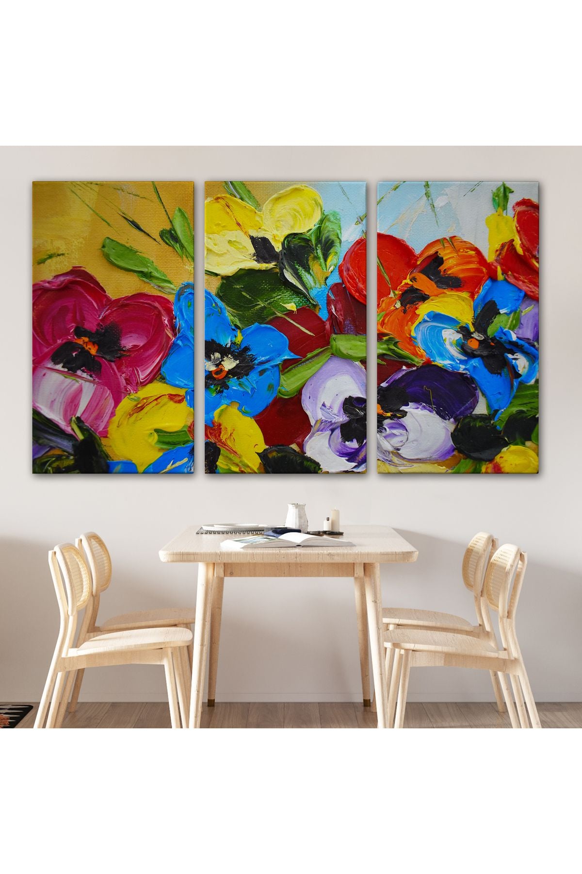 Renkli Çiçekler Yağlıboya Görünüm Dekoratif Kanvas Duvar Tablosu-3666