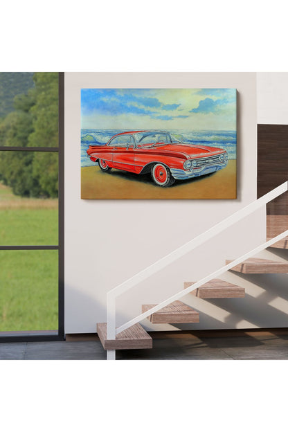 Kızmızı Retro Araba Yağlıboya Görünüm Dekoratif Kanvas Duvar Tablosu-3499