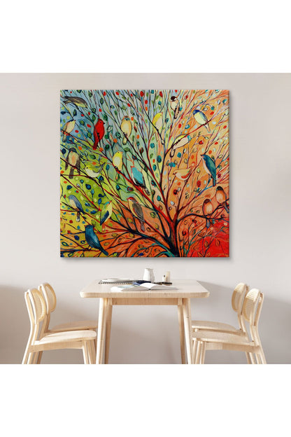 Renkli Ağaçtaki Renkli Kuşlar Kanvas Tablo-5887