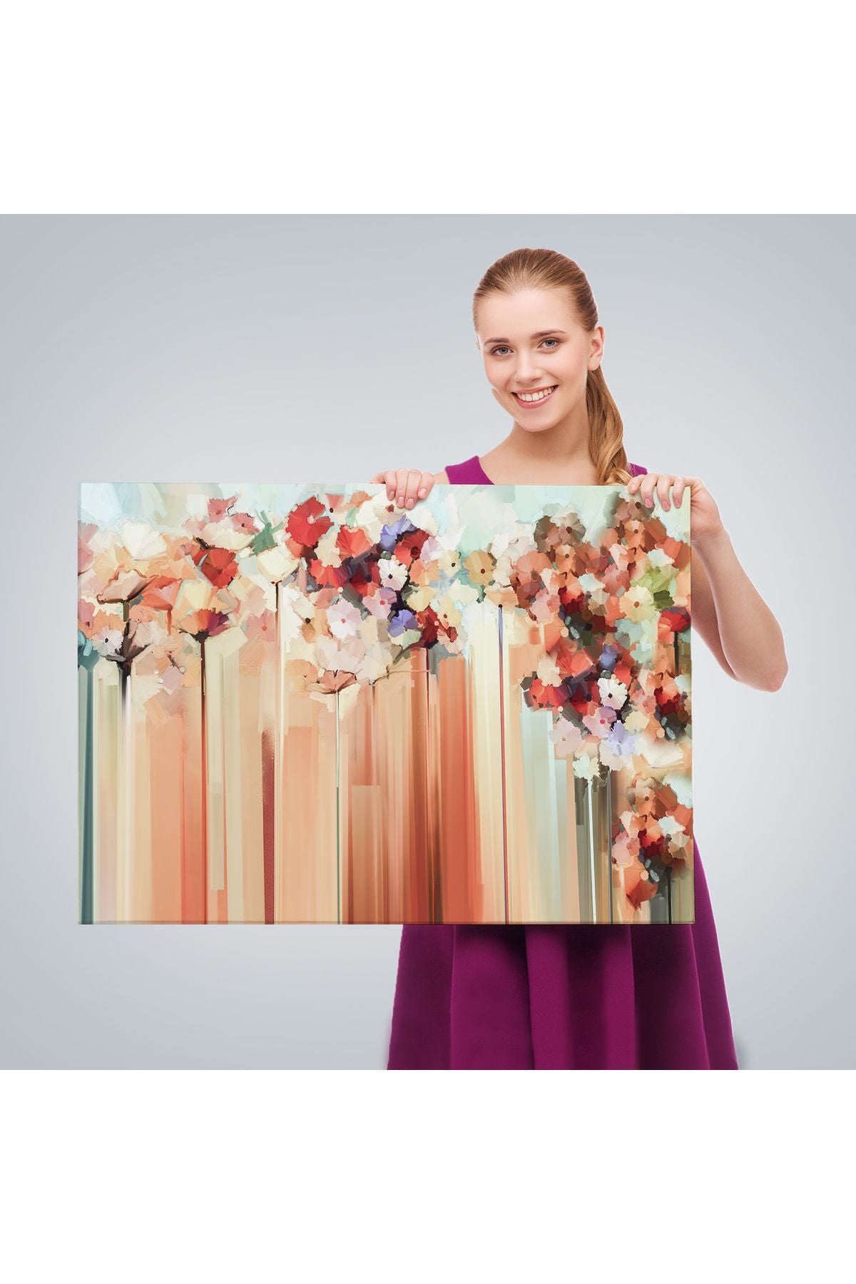 YB HG Soyut Çiçekler Yağlıboya Görünüm Dekoratif Kanvas Duvar Tablosu-3540