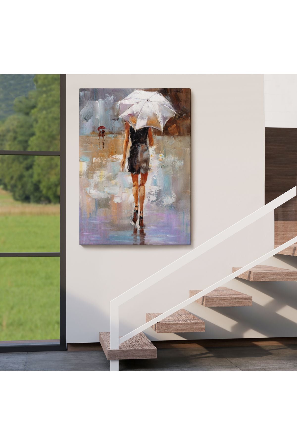 DB  Yağmurda Yürüyen Kadın Yağlıboya Görünüm Dekoratif Kanvas Duvar Tablosu-5928