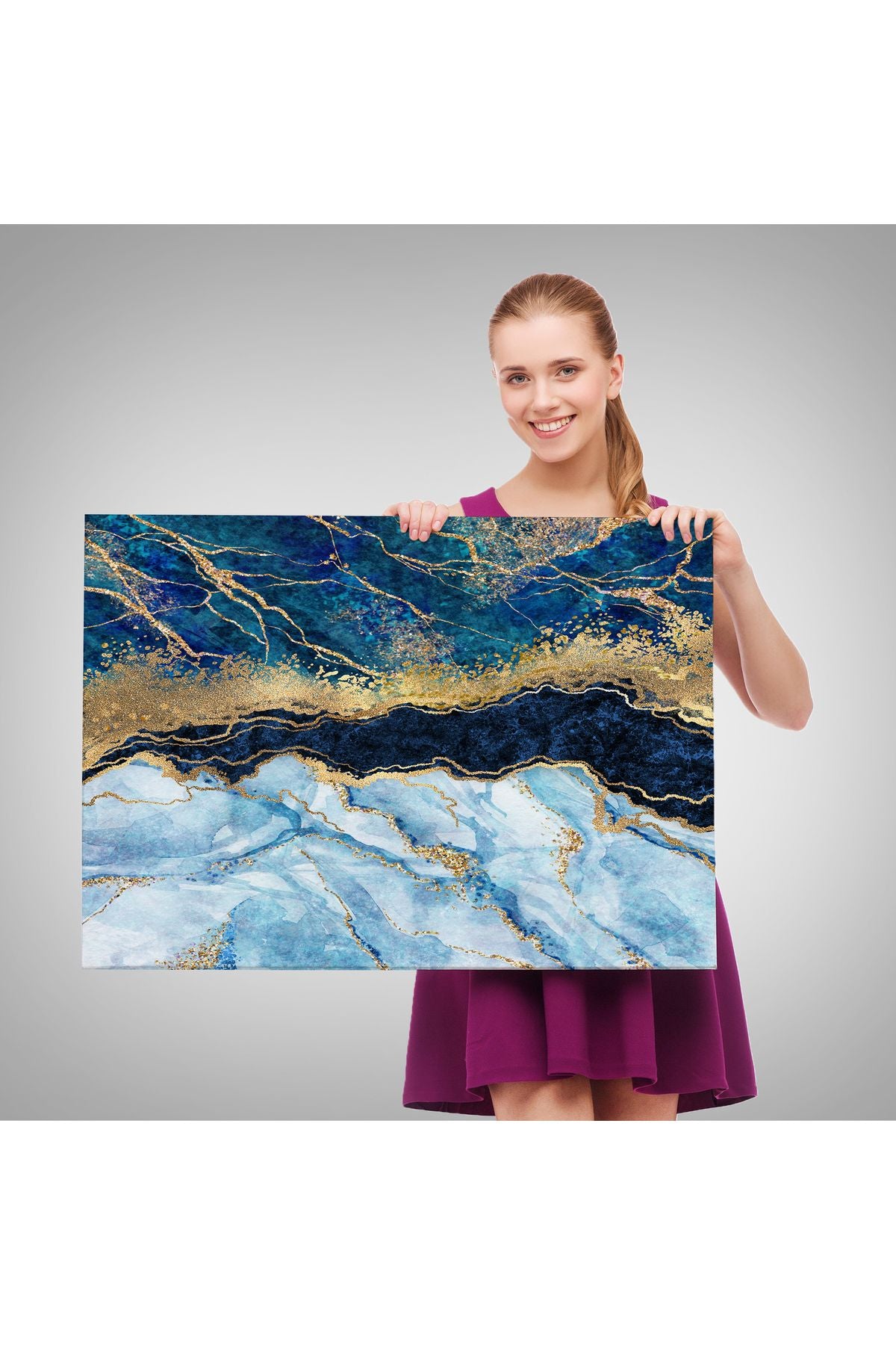 Mavi ve Gold'un Müthiş Uyumu Mermer Görünümlü Modern Kanvas Tablo-5061