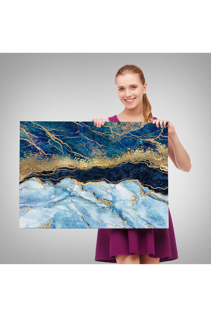 Mavi ve Gold'un Müthiş Uyumu Mermer Görünümlü Modern Kanvas Tablo-5061