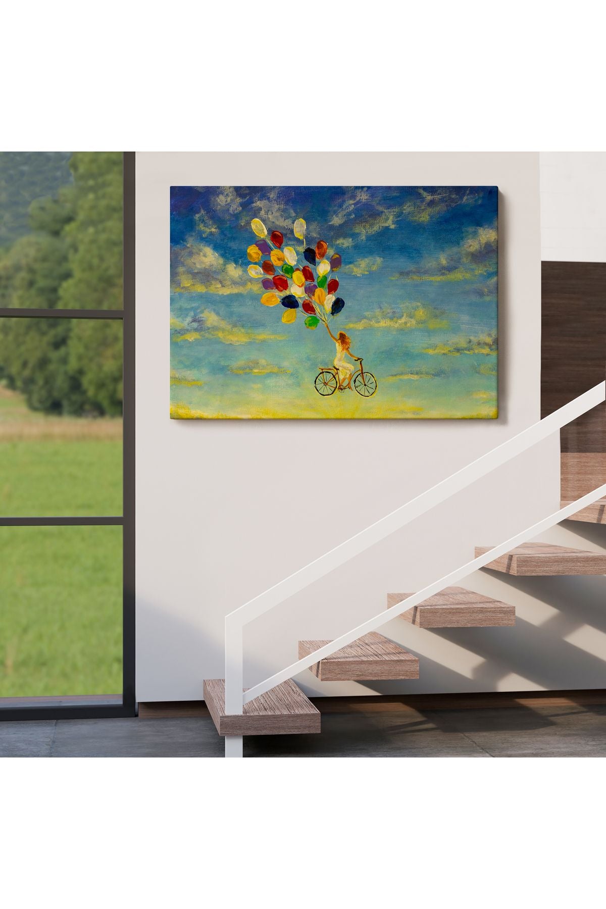 Renkli Balonlar İle Uçan Bisikletli Kız Kanvas Tablo-5036