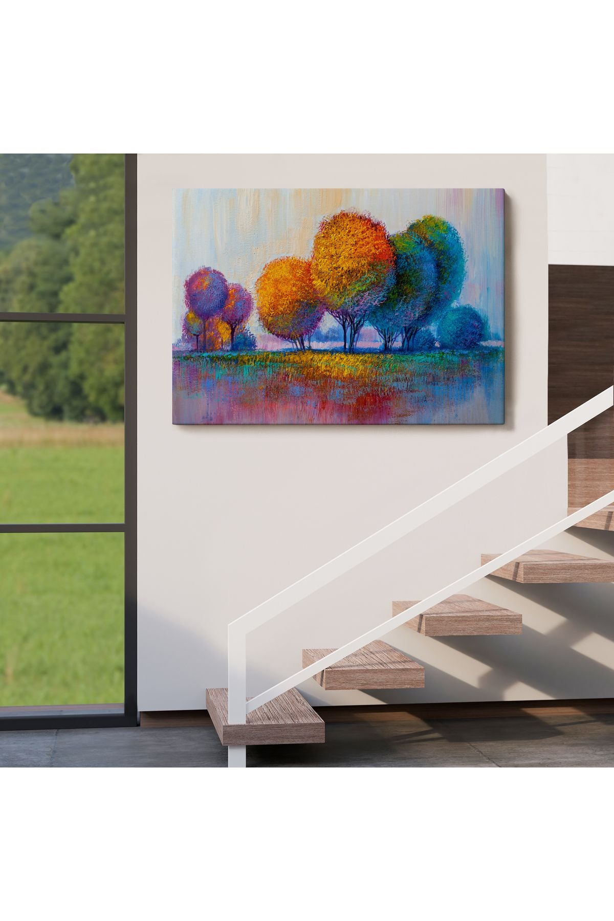 Renkli Ağaçlar Yağlıboya Görünüm Dekoratif Kanvas Duvar Tablosu-3608