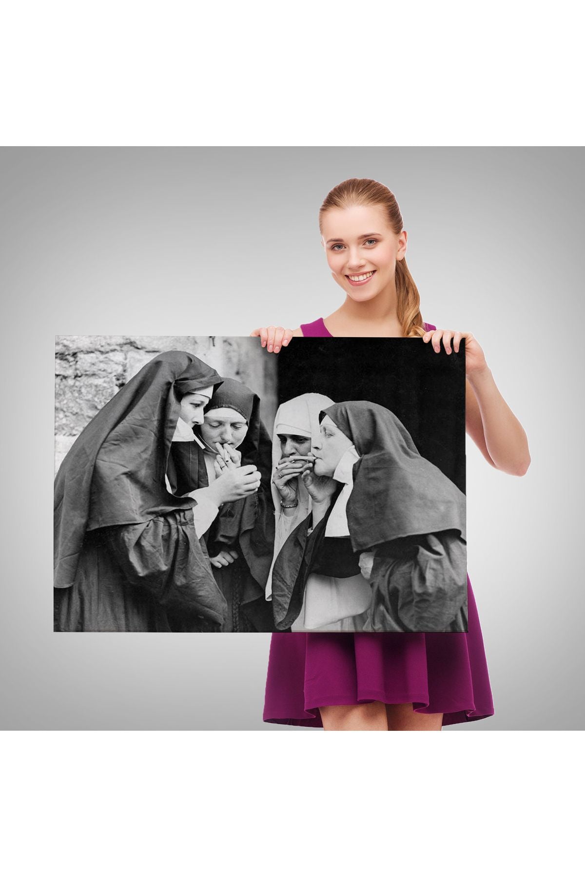 Sigara İçen Rahibeler Vintage Fotoğraf Tablo, Siyah ve Beyaz Kanvas Tablo-5376