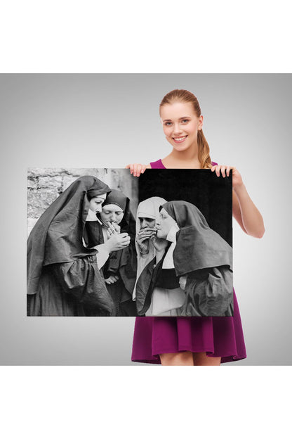 Sigara İçen Rahibeler Vintage Fotoğraf Tablo, Siyah ve Beyaz Kanvas Tablo-5376
