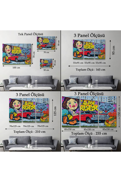 Grafiti İle Yapilmiş Retro Kırmızı Araba Kanvas Tablo-5027