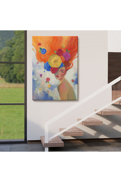 YB Çiçek Saçlı Kadın Yağlıboya Görünüm Dekoratif Kanvas Duvar Tablosu-5942
