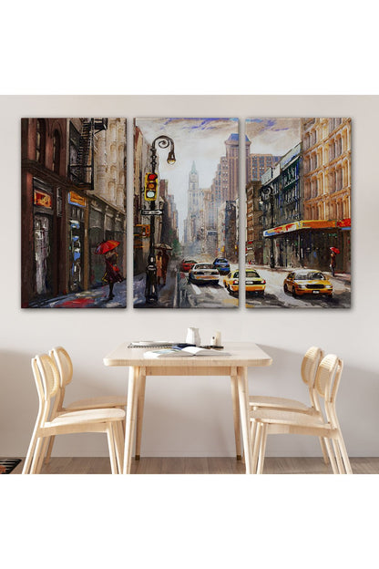 New York Sokakları Ve Sarı Taksi Yağlıboya Görünüm Tablo-3550