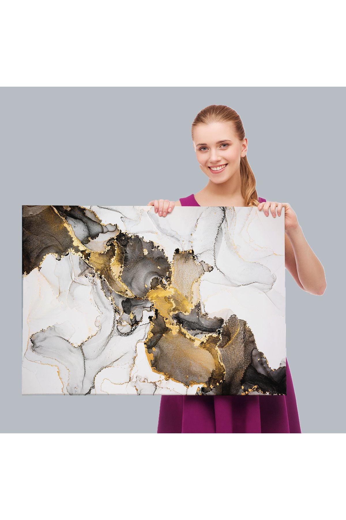 Mermer Desenli ve Altun Tozu Detaylı Soyut Modern Kanvas Tablo-5055