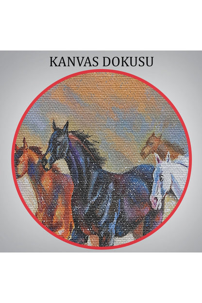 At Sürüsü ve Kartal Yağlıboya Görünüm Dekoratif Kanvas Duvar Tablosu-3600