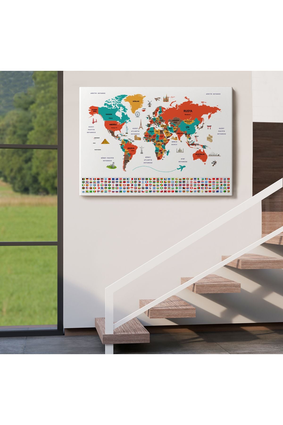 YB HG Türkçe Dünya Haritası Ülke Bayrak ve Başkentli Kanvas Tablo 1922