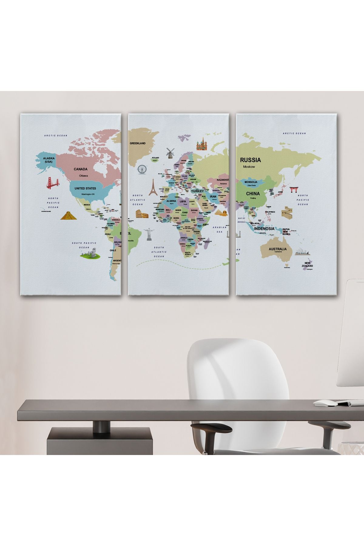 Dünya Haritası Dekoratif Kanvas Tablo Ülke ve Başkentli Öğretici ve Sembollü 2307