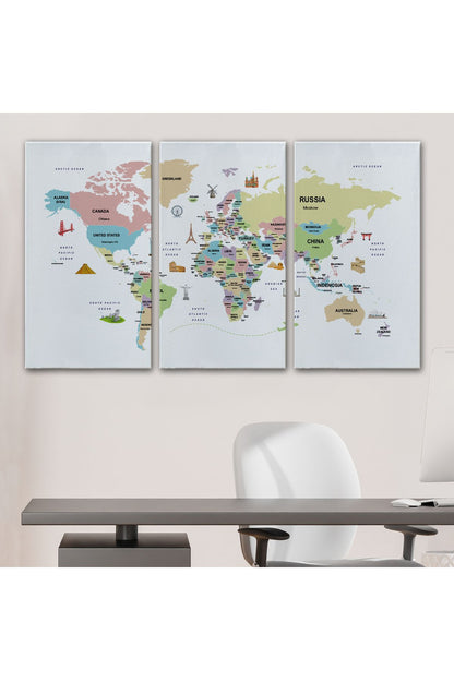 Dünya Haritası Dekoratif Kanvas Tablo Ülke ve Başkentli Öğretici ve Sembollü 2307