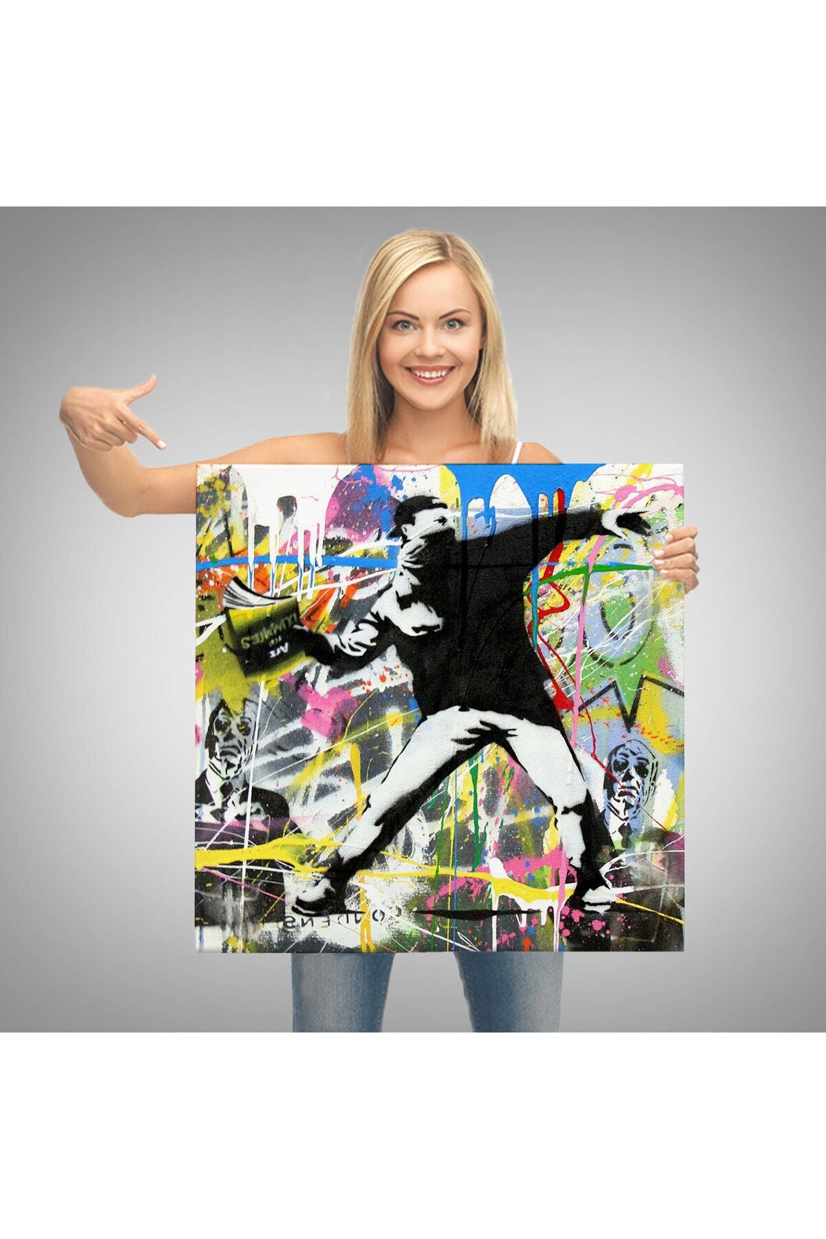 Fırlatma Çiçekleri Sokak Sanatı Kanvas Tablo, Renkli Çiçek Bombacısı, Anarşi Graffiti-5342